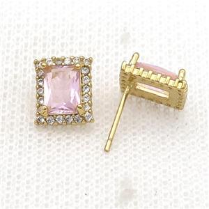 Copper Stud Earring Pave Zircon Pink Crystal Rectangle Gold Plated, approx 8-10mm