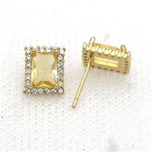 Copper Stud Earring Pave Zircon Yellow Crystal Rectangle Gold Plated, approx 8-10mm