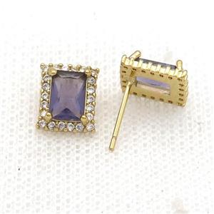 Copper Stud Earring Pave Zircon Purple Crystal Rectangle Gold Plated, approx 8-10mm