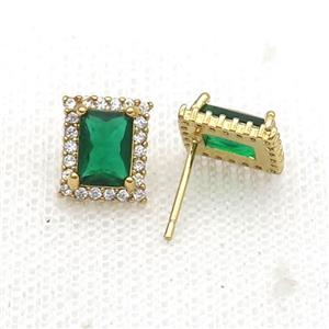 Copper Stud Earring Pave Zircon Green Crystal Rectangle Gold Plated, approx 8-10mm