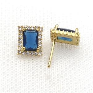 Copper Stud Earring Pave Zircon Blue Crystal Rectangle Gold Plated, approx 8-10mm