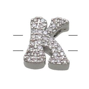 Copper Alphabet Beads Pave Zircon Letter-K 2holes Platinum Plated, approx 10-13mm