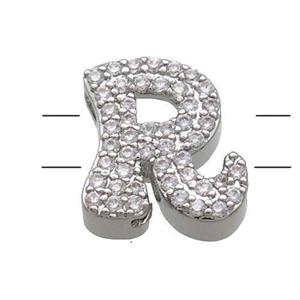 Copper Alphabet Beads Pave Zircon Letter-R 2holes Platinum Plated, approx 10-13mm