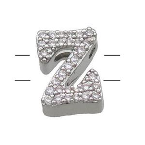 Copper Alphabet Beads Pave Zircon Letter-Z 2holes Platinum Plated, approx 10-13mm