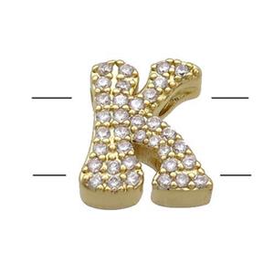 Copper Alphabet Beads Pave Zircon Letter-K 2holes Gold Plated, approx 10-13mm