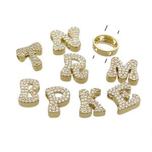 Copper Alphabet Beads Pave Zircon Mixed Letter-A 2holes Gold Plated, approx 10-13mm