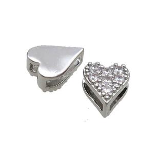 Copper Heart Beads Pave Zircon Platinum Plated, approx 7-8.5mm
