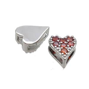 Copper Heart Beads Pave Red Zircon Platinum Plated, approx 7-8.5mm