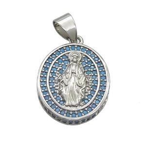 Copper Jesus Pendant Pave Turq Zircon Oval Platinum Plated, approx 16-19mm