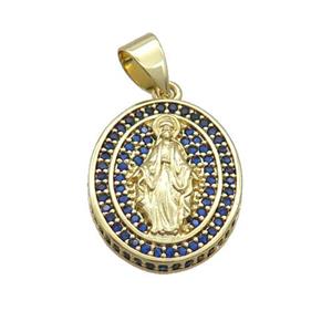 Copper Jesus Pendant Pave Blue Zircon Oval Gold Plated, approx 16-19mm