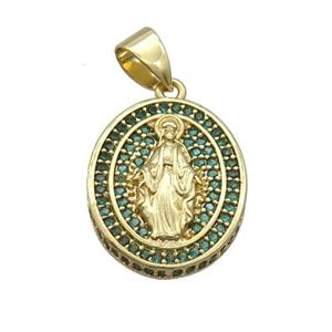 Copper Jesus Pendant Pave Green Zircon Oval Gold Plated, approx 16-19mm