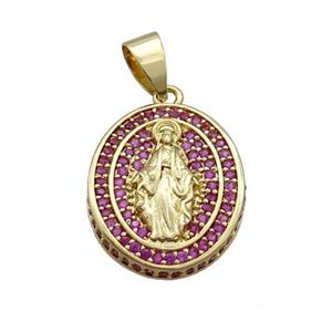 Copper Jesus Pendant Pave Hotpink Zircon Oval Gold Plated, approx 16-19mm