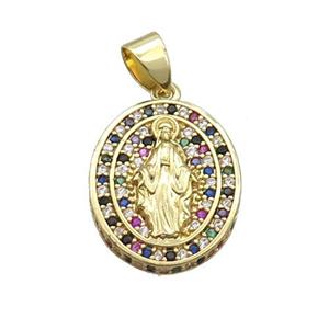 Copper Jesus Pendant Pave Zircon Multicolor Oval Gold Plated, approx 16-19mm
