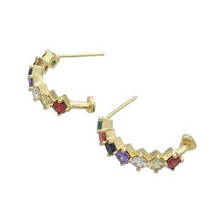 Copper Stud Earring Pave Zircon Multicolor Gold Plated, approx 5mm, 20mm