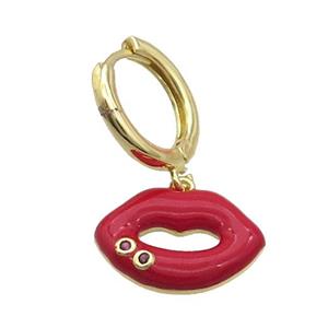 Copper Hoop Earring With Red Enamel Lip Gold Plated, approx 12-16.5mm, 14mm dia