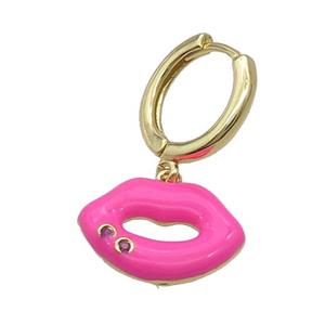 Copper Hoop Earring With Hotpink Enamel Lip Gold Plated, approx 12-16.5mm, 14mm dia