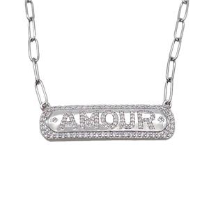Copper Necklace Pave Zircon AMOUR Platinum Plated, approx 12-40mm, 3-10mm, 38-44cm length
