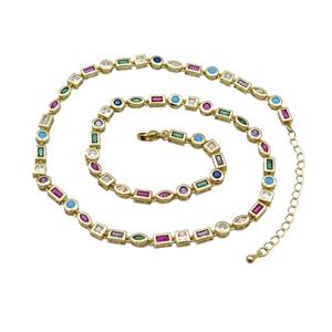 Copper Necklace Pave Zircon Multicolor Gold Plated, approx 4-5mm, 41-45cm length