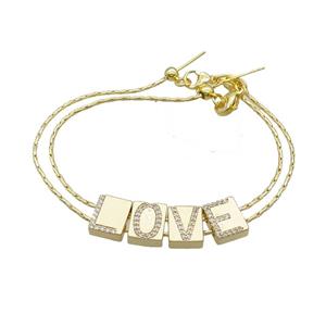 Copper Bracelet With LOVE Pave Zircon Gold Plated, approx 8-10mm, 1.0mm, 18cm length