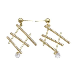 Copper Stud Earring Pave Zircon Gold Plated, approx 32-40mm