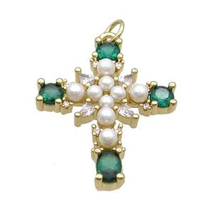 Copper Cross Pendant Pave Pearlized Glass Gold Plated, approx 21-27mm