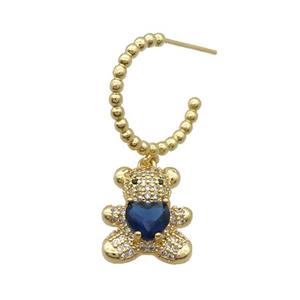 Copper Stud Earring With Bear Pave Zircon Blue Gold Plated, approx 14-18mm, 18mm dia