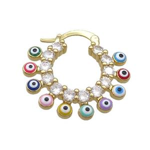 Copper Latchback Earring Pave Zircon Multicolor Evil Eye Gold Plated, approx 26mm dia