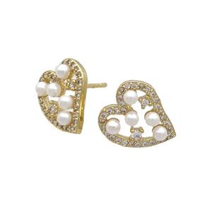 Copper Stud Earring Pave Zircon Heart Gold Plated, approx 11.5-13.5mm