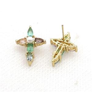 Copper Cross Stud Earring Pave Zircon Gold Plated, approx 15-20mm