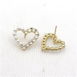 Copper Heart Stud Earring Pave Zircon Gold Plated, approx 17.5mm