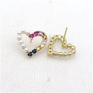 Copper Heart Stud Earring Pave Multicolor Zircon Gold Plated, approx 17.5mm