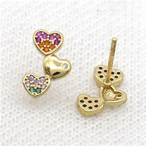 Copper Stud Earring Pave Zircon Heart Gold Plated, approx 8-12.5mm