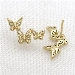 Copper Stud Earring Pave Zircon Butterfly Gold Plated, approx 12-18mm