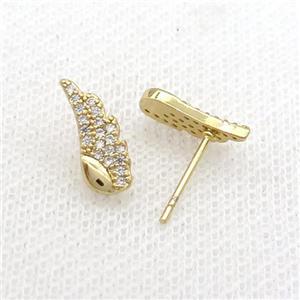 Copper Stud Earring Pave Zircon Angel Wing Gold Plated, approx 5-13mm