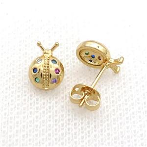 Copper Stud Earring Pave Zircon Ladybug Gold Plated, approx 7.5-10mm