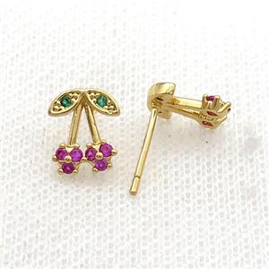 Copper Stud Earring Pave Zircon Strawberry Gold Plated, approx 9-10mm