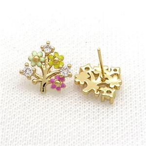 Copper Stud Earring Pave Zircon Tree Gold Plated, approx 15mm