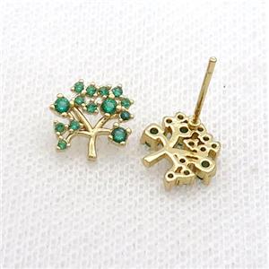 Copper Stud Earring Pave Green Zircon Tree Gold Plated, approx 10mm
