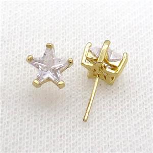 Copper Stud Earring Pave White Crystal Star Gold Plated, approx 9mm
