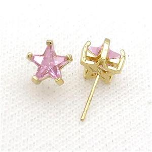 Copper Stud Earring Pave Pink Crystal Star Gold Plated, approx 9mm