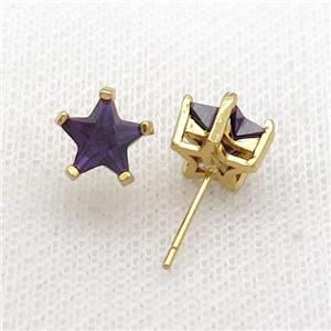 Copper Stud Earring Pave Purple Crystal Star Gold Plated, approx 9mm