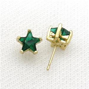 Copper Stud Earring Pave Green Crystal Star Gold Plated, approx 9mm