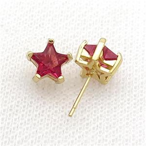 Copper Stud Earring Pave Red Crystal Star Gold Plated, approx 9mm