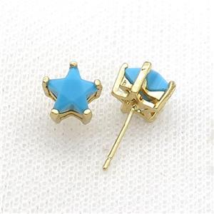 Copper Stud Earring Pave Turq Crystal Star Gold Plated, approx 9mm