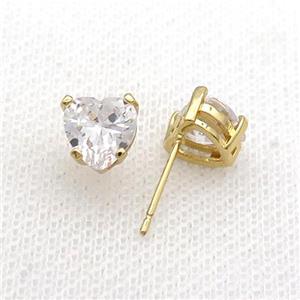 Copper Stud Earring Pave Clear Crystal Heart Gold Plated, approx 8mm