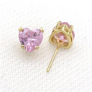 Copper Stud Earring Pave Pink Crystal Heart Gold Plated, approx 8mm