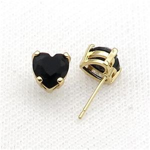 Copper Stud Earring Pave Black Crystal Heart Gold Plated, approx 8mm