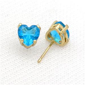 Copper Stud Earring Pave Aqua Crystal Heart Gold Plated, approx 8mm