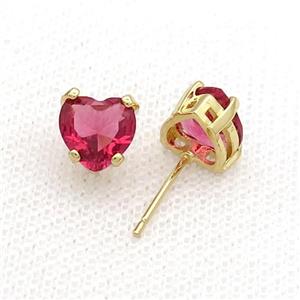 Copper Stud Earring Pave Red Crystal Heart Gold Plated, approx 8mm