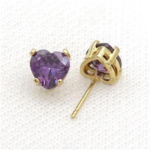 Copper Stud Earring Pave Purple Crystal Heart Gold Plated, approx 8mm